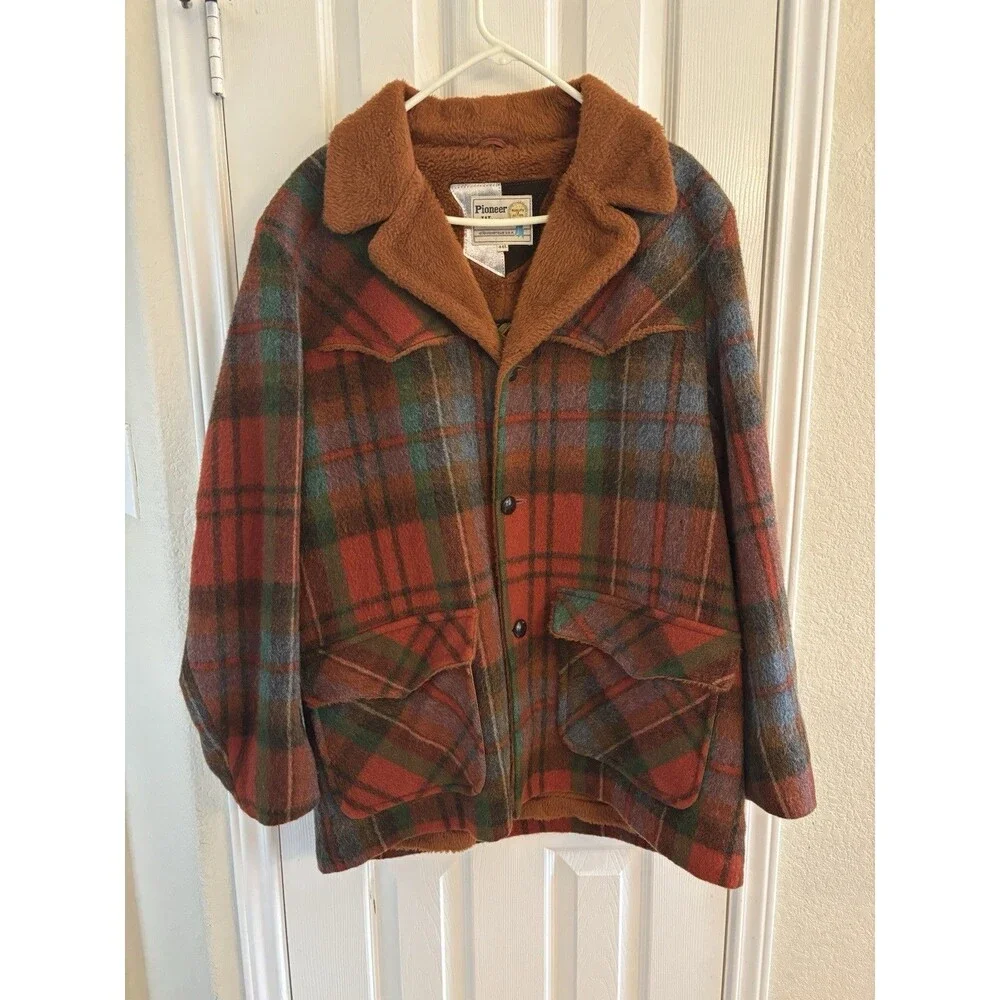 Vintage Pioneer Wear Plaid Wool Jacket 44L Sherpa Lined Western Ranch Coat USA